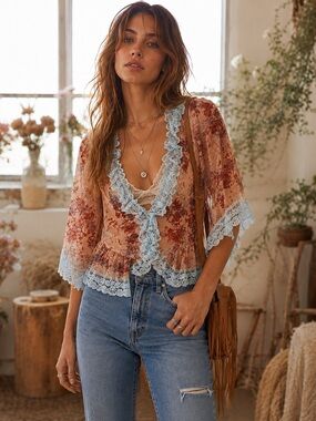 Romantic Floral Chiffon Lace Trim Coquette Boho Top Large